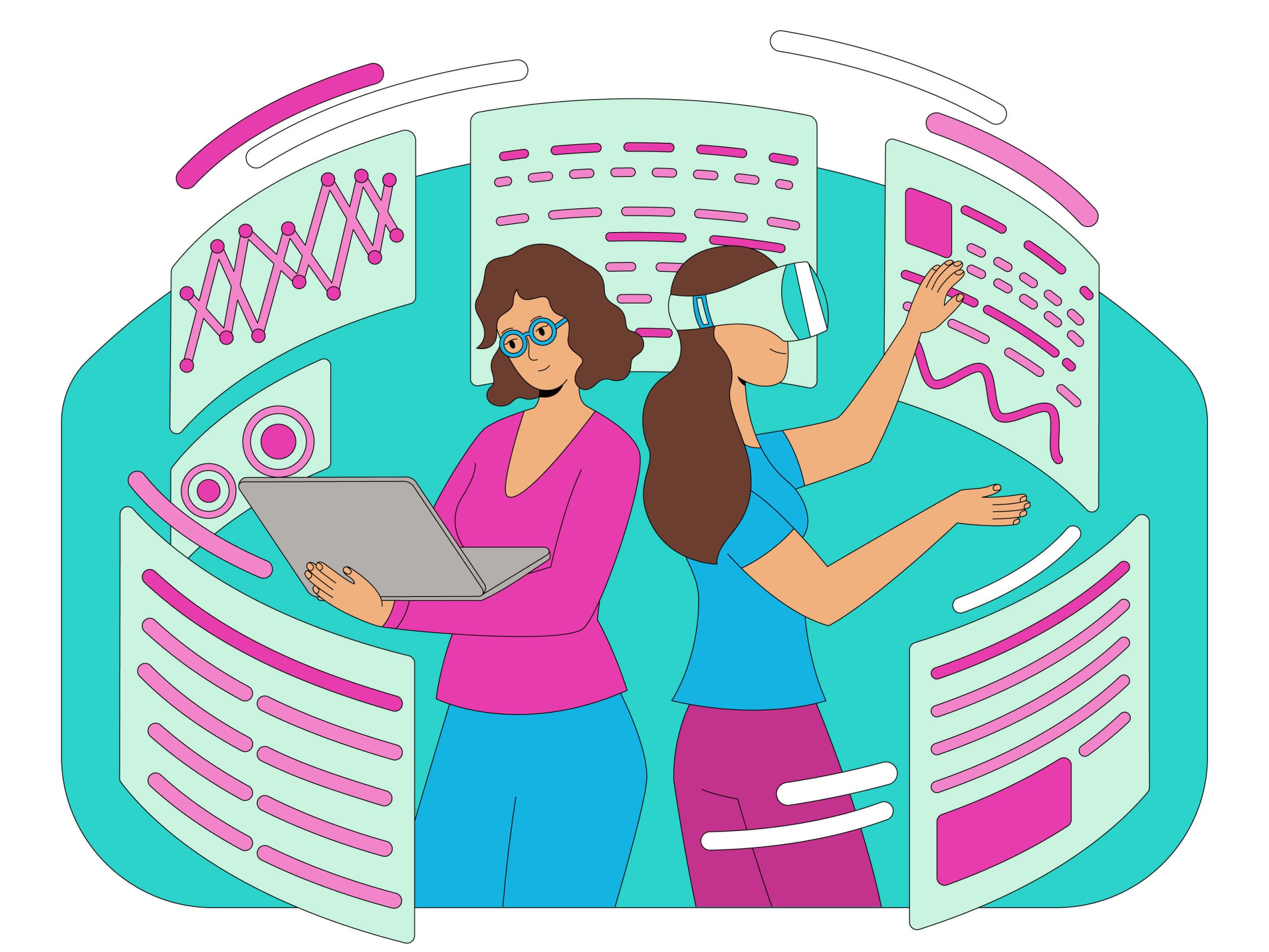 Dos mujeres trabajan juntas; una con gafas usa portátil, otra con gafas VR interactúa con datos virtuales. Análisis de datos.