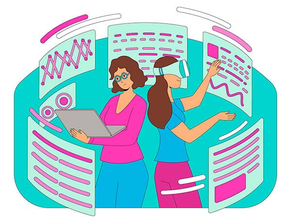 Dos mujeres trabajan juntas; una con gafas usa portátil, otra con gafas VR interactúa con datos virtuales. Análisis de datos.